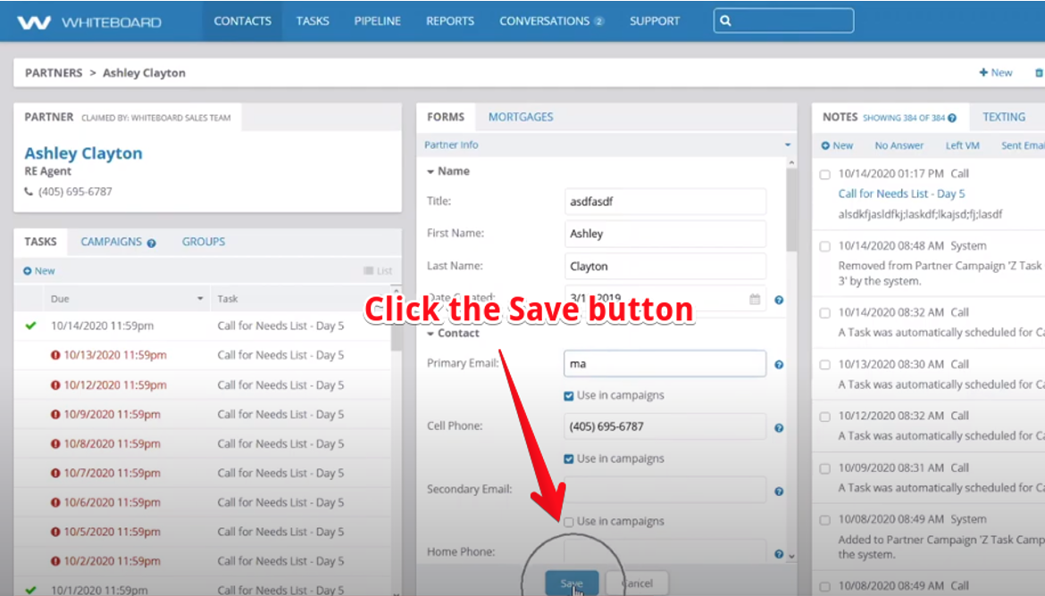 Screenshot taken within Whiteboard CRM showing where to find the save button within the mortgage CRM software